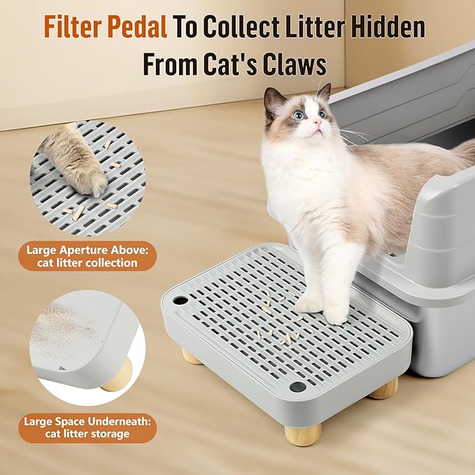 Cat Litter Box Step Ramp, Cat Litter Catcher Mat with Wooden Feet, Filter Function, Cat Pedal Stool for Self-Cleaning Cat Litter Box, Ideal for Kitten & Elderly Cats (Light Grey)-PawvioPets
