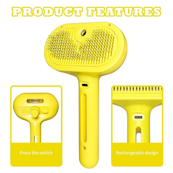 Cat Brush for Shedding - Pet Hair Removal Comb with Water Tank, Steam Brush, Cat Bath Brush, Dog Brush - Yellow-PawvioPets
