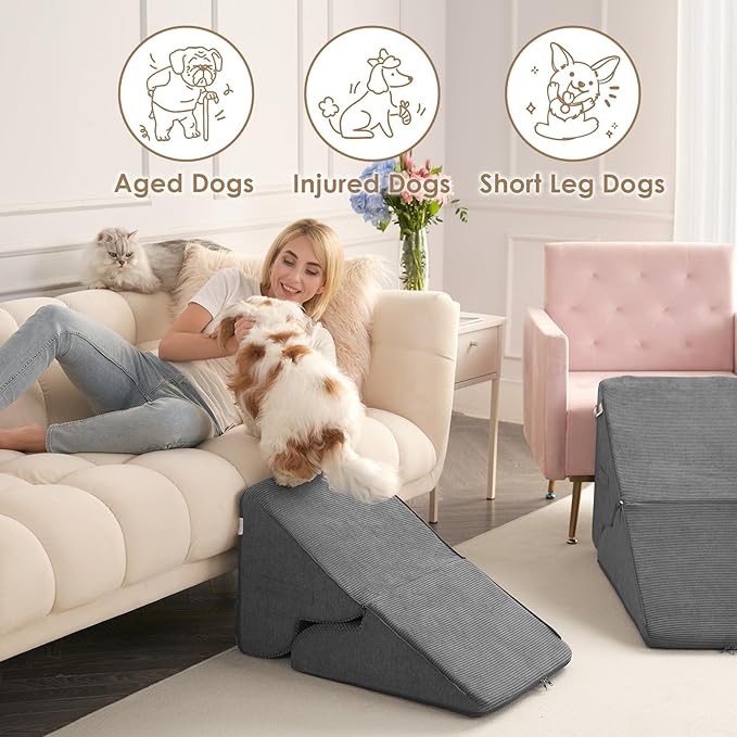 EHEYCIGA Curved Foldable Dog Stairs Ramp for High Beds 19.7" H, 4-Step Dog Steps for Small Dogs and Cats, Pet Stairs for High Bed Climbing, Non-Slip Balanced Pet Step Indoor, Grey-PawvioPets