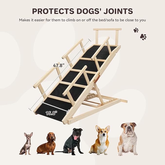 Dog Ramp for Bed PANTAZO Adjustable Ramps for Small Dogs to Get on Bed, Up to 28.5 Inches, 48'' Long,120lbs with Anti-Slip Grip & Safety Rail-PawvioPets