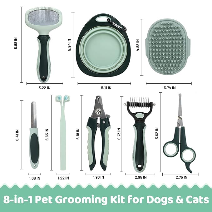 8-in-1 Pet Grooming Kit for Dogs & Cats - Includes Slicker Brush, Nail Clippers, Comb, Scissors, Toothbrush & Collapsible Bowl - Deshedding, Hair Trimming & Care Set, Travel Bag-PawvioPets
