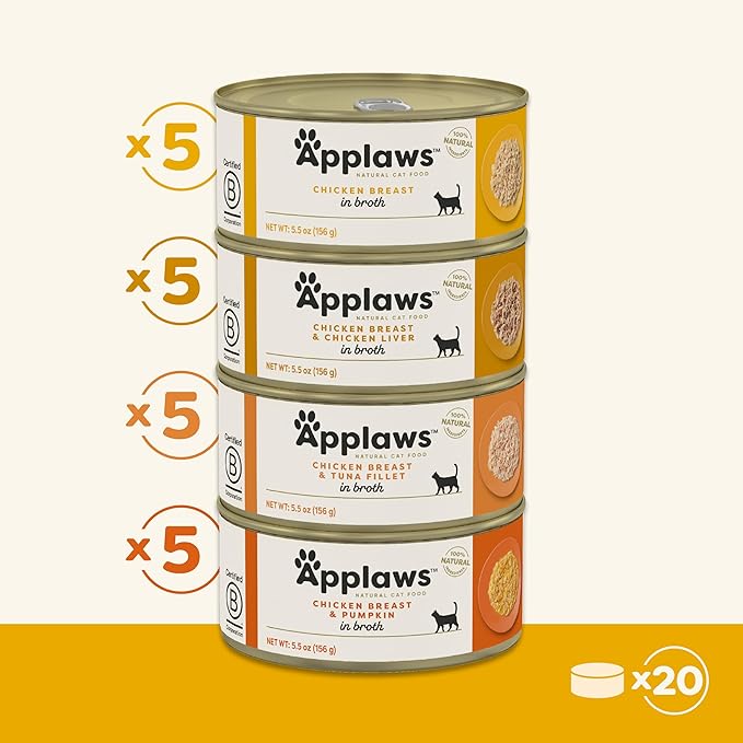 Applaws Natural Wet Cat Food in Broth, Limited Ingredient Canned Wet Cat Food, No Additives, Made with Natural Ingredients, Chicken Selection in Broth Cans (20 x 5.5 oz Cans)-PawvioPets