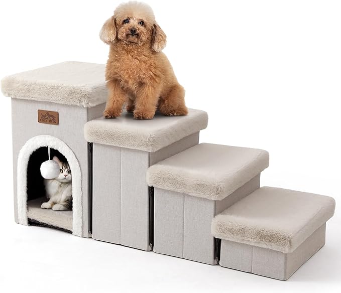 Dog Stairs for Small Dogs with Storage and Condo, 17.5" H Foldable Pet Stairs for Small Medium or Puppy Dogs and Older Cats, Dog Steps for Bed or Couch, 13x35x17.5 inch, 4 Tiers, Beige-PawvioPets