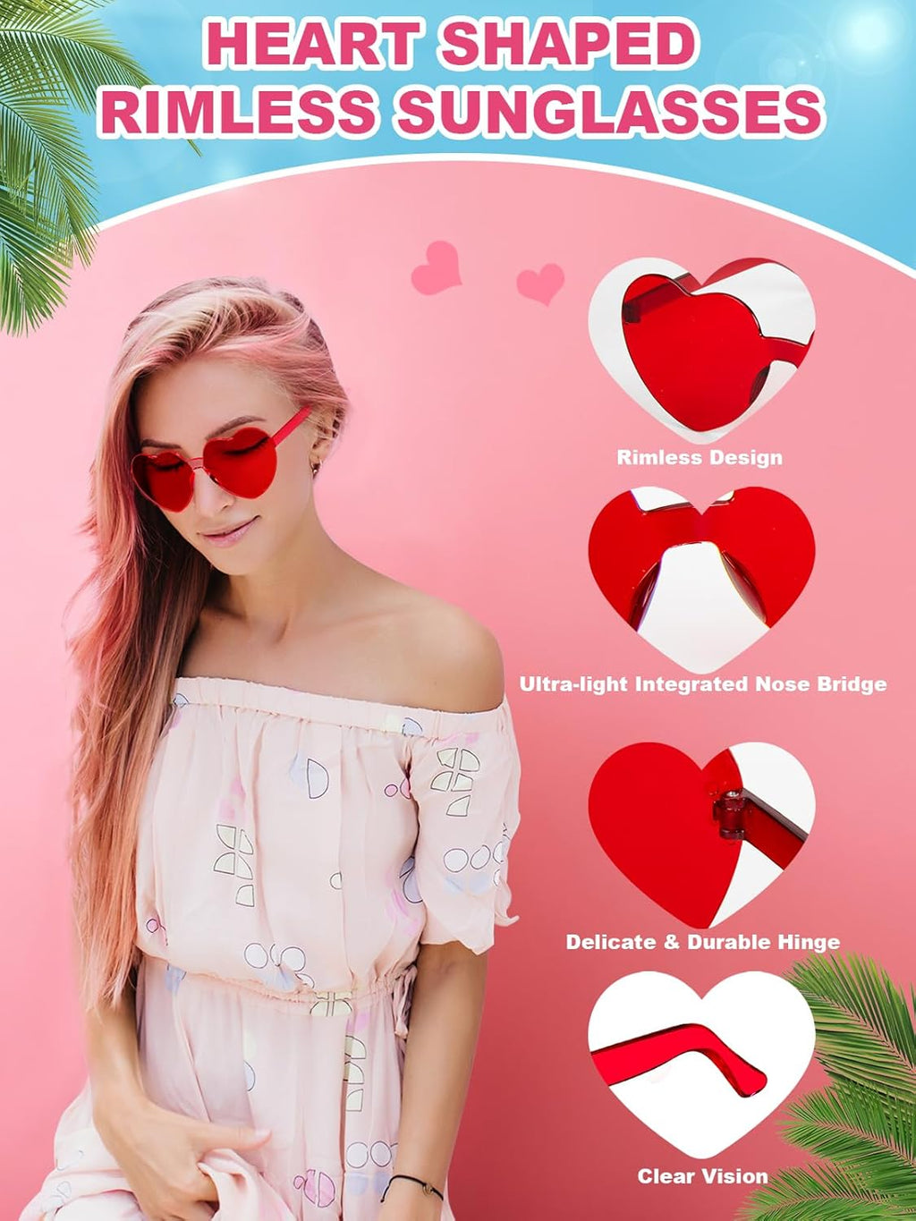 12 Pairs Heart Shaped Sunglasses for Women Colorful Glasses Fun Trendy Transparent Heart Sunglasses Party Favor (Red)