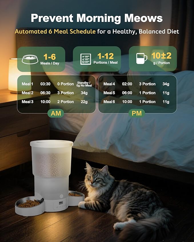 Gimars 5L Automatic Cat Feeder for 2 Cats, Programmable 1-6 Meals Cat Food Dispenser with Stainless Steel Bowl, Easy Setup, Dual Power Supply,10s Meal Call Timed Pet Feeder for Cats and Small Dogs-PawvioPets