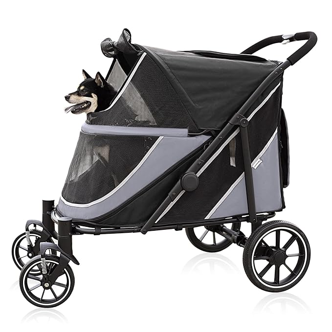 Dog Stroller for Medium/Large Dogs One-Click Folding, Extra Large Pet Stroller for 2 Dogs with Storage Pocket & Shock Absorption, Up to 130 lbs, Grey-PawvioPets