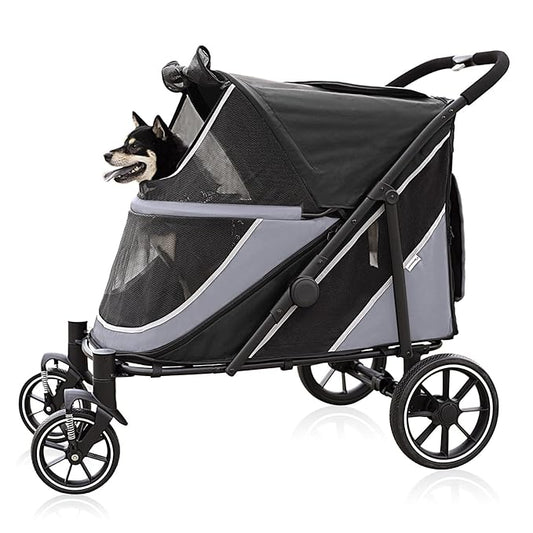 Dog Stroller for Medium/Large Dogs One-Click Folding, Extra Large Pet Stroller for 2 Dogs with Storage Pocket & Shock Absorption, Up to 130 lbs, Grey-PawvioPets