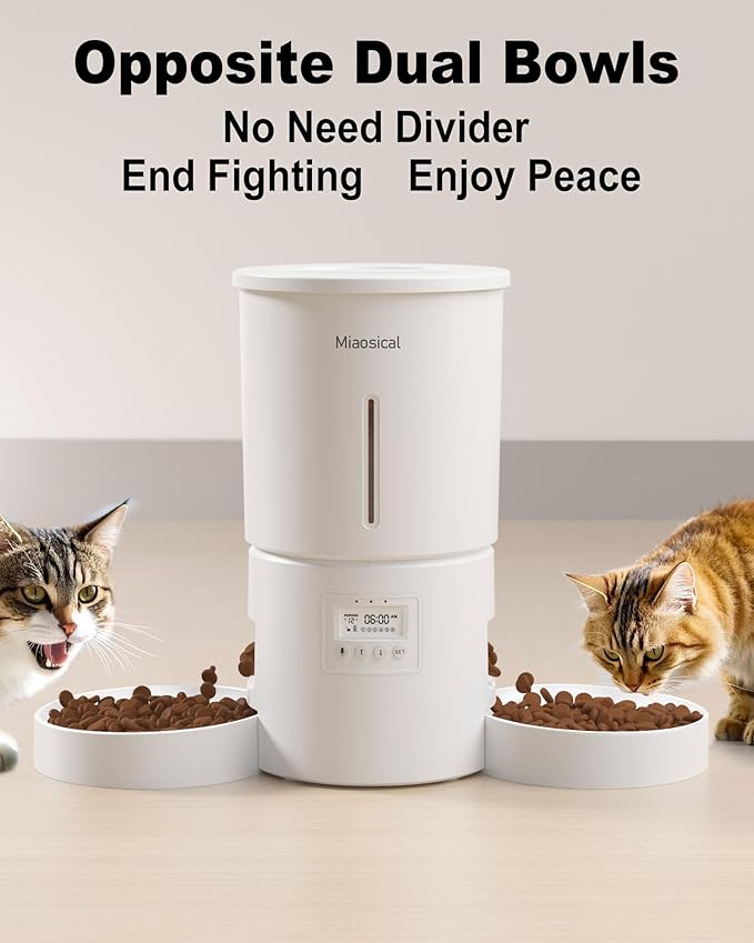 Dual Automatic Cat Feeder 2 Cats,6 Meals/Day,12 Portions/Meal,4.2L Dual Power Double Bowls Feeder,Dry Food Auto Pet Dispenser,10S Voice Record,Flexible Schedule Timer (White,Basic Dual Bowls)-PawvioPets