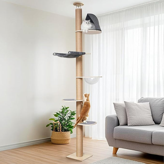 FUKUMARU Floor to Ceiling Cat Tree, 6 Level Adjustable Height (5.7-9.8 ft) Climbing Tower with Thickened Scratching Posts, Cats Activity Center with Transparent Capsule and Cozy Hammock-PawvioPets