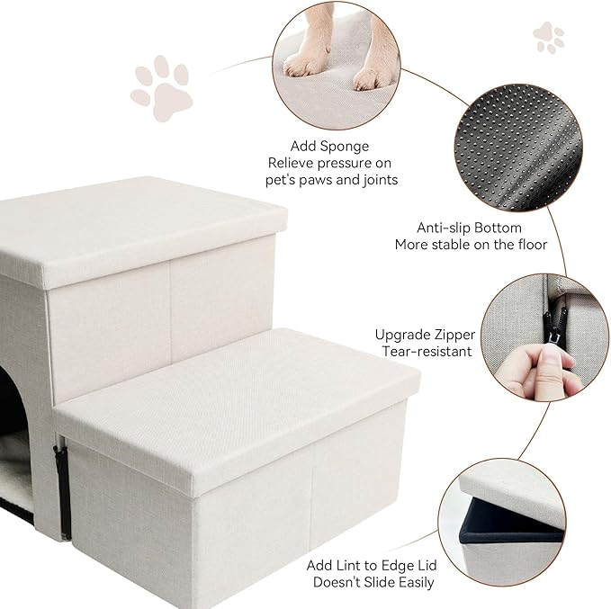 Dog Stairs with Condo 15" H, 2-Step Wider Dog Steps for Small/Medium/Large Old Dogs Cats, Folding Sturdy Storage Pet Stairs Climbing Bed Couch, Ramp for Car Hold Up to 150 lbs, Beige-PawvioPets