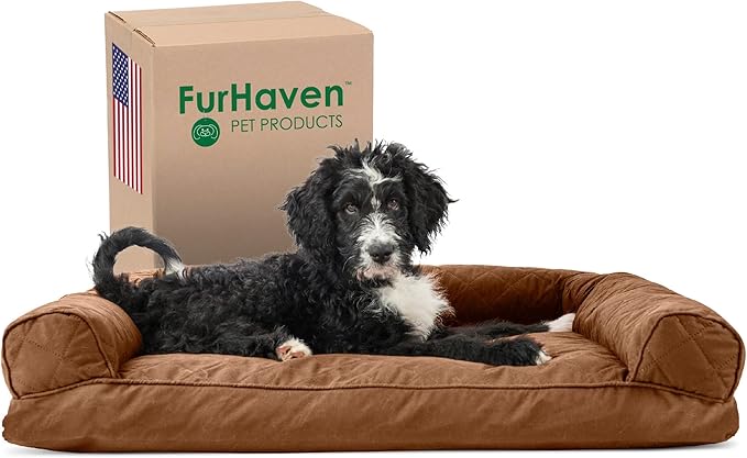 Furhaven Pillow Dog Bed for Large/Medium Dogs w/ Removable Bolsters & Washable Cover - Quilted Sofa - Toasted Brown, Large-PawvioPets