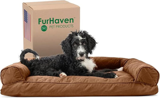 Furhaven Pillow Dog Bed for Large/Medium Dogs w/ Removable Bolsters & Washable Cover - Quilted Sofa - Toasted Brown, Large-PawvioPets