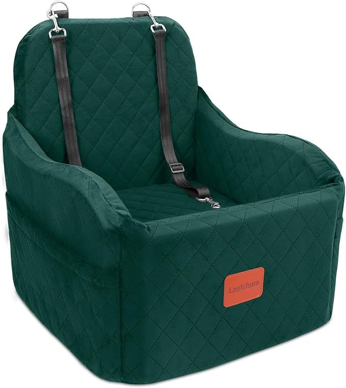 Dog Booster Car Seat for Small/Medium Dogs,6in Elevated Cushion,Fully Detachable and Washable,2 Storage Pockets & 3 Straps,Fits in Front/Back Seat,Easy to Install (Green,Medium)-PawvioPets