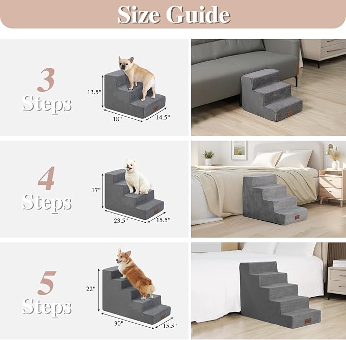 GGIB Dog Stairs for Small Dogs Cats Non-Slip Dog Steps for High Bed Pet Stairs for Sofa Couch Pet Ramp Pet Steps with Removable Washable Cover, Grey, 13" H, 3-Step-PawvioPets