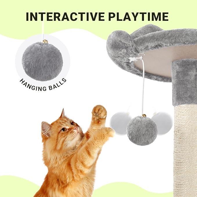 Allewie 64 Inches Cat Tree Tower/Multi-Level Activity Center for Indoor Big Felines/2 Plush Condos/2 Perchs/Basket/House/Sisal Scratching Posts/Hanging Cat Toys/Grey-PawvioPets
