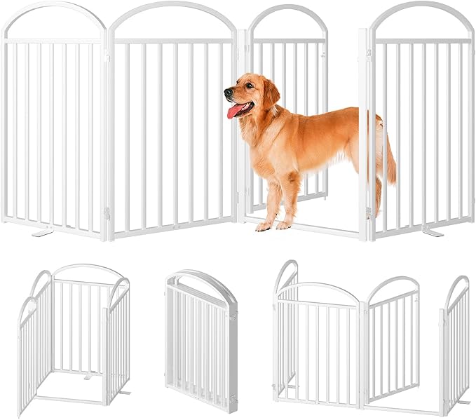 4 Panles Full Matel Freestanding Dog Gates with Door, 96"Extra Wide 32"Tall Free Standing Dog Pet Gate for Indoor & Outdoor. Foldable Pet Fences for Doorways, House, Stairs, Porch, Deck, Yard-PawvioPets