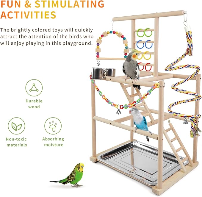Bird Playground, Parrots Playstand for Small to Medium Birds, Perch Stand with 3 Ladders Playgym with Rope Perch, Swings Feeder Cups Bird Cage Accessories for Conure Cockatiel Lovebirds-PawvioPets