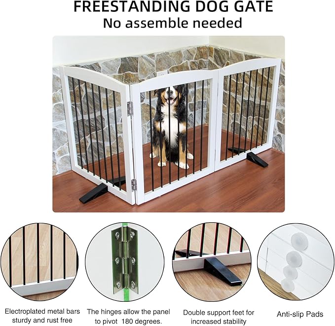 Foldable Wooden Freestanding Dog Gate - 32" H, 3 Panels, Stairs/Doorways, Support Feet Included, White-PawvioPets
