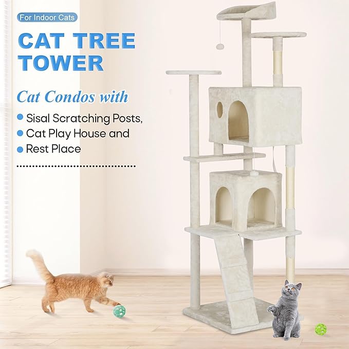 FDW Cat Tree Tower 81in Multi-Level Durable Cat Scratching Post & Cozy Fun Jumping Platform Space Saving Condo Pet Play House for Indoor Cats,Beige-PawvioPets