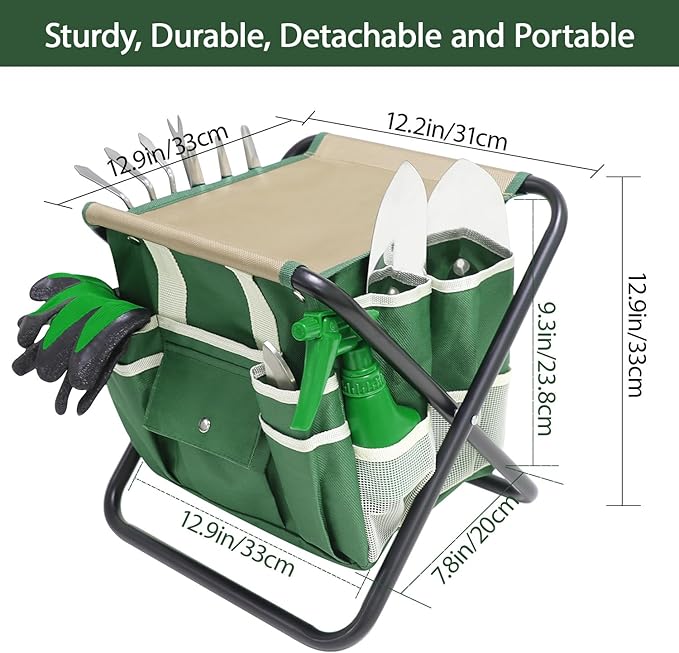 Garden Tool Set, 10 Piece Kit with Heavy Duty Folding Stool, Detachable Storage Tote Bag, Stainless Steel Tools, Gifts for Women Men Green-PawvioPets