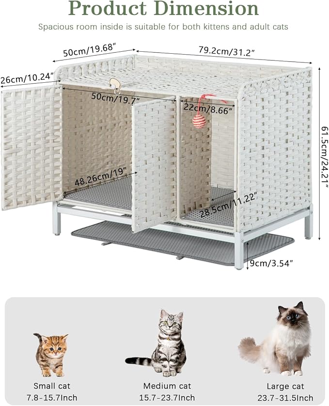 Cat Litter Box Enclosure Furniture with Divider, Handwoven Rattan Litter Box with Mat, 31.2 x 19.6 x 24.2 Inches, Metal Heightened Feet, Hidden Cat House for Living Room, Bedroom (White)-PawvioPets