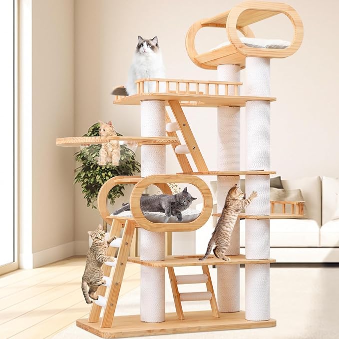 77‘’ Modern Cat Tree, Tall Wood Cat Tower for Indoor Cats Large Adult, Heavy Duty Cat Tree with Scratching Post, Luxury Kitty Condo, Sturdy Cat Furniture with 1 Transparent Bed and 3 Climb Labber-PawvioPets