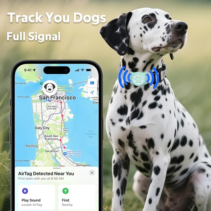 Dog Collar with Waterproof AirTag Holder & Anti-Lost QR Code, Cute Bling Warpping Adjustable Width for Small Medium Large Pet (Light Blue, M)-PawvioPets