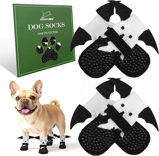 EXPAWLORER Halloween Anti Slip Dog Socks to Prevent Licking Paws, Boots & Paw Protectors with Grippers,Doggie Booties for Hardwood Floors for Small Medium Large Senior Dogs Costume White Ghost Wings M-PawvioPets