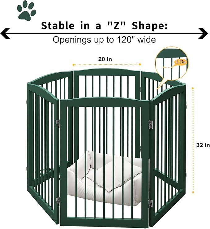 Freestanding Pet Gate for Dogs, Foldable Wooden Dog Gate for House, Extra Wide Indoor Pet Barrier for Stair, Doorway, Hall, Support Feet Included, 120 Inch Wide, 6 Panels 24",Green-PawvioPets