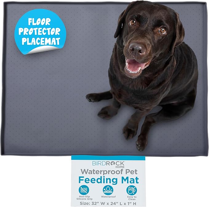 BIRDROCK HOME Extra-Large Dog Mat for Food and Water Bowls - Waterproof Pet Feeding Mat to Prevent Spills - Anti-Slip Rubber Tray for Messy Eaters - Placemat Protector for Floors - 32in x 24in - Grey-PawvioPets