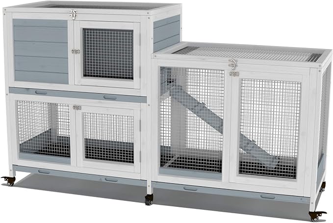GDLF Two Floors 58" Wooden Indoor Bunny Hutch Rabbit Cage on Wheels Guinea Pig PET House for Small to Medium Animals Waterproof No Leak Tray-PawvioPets