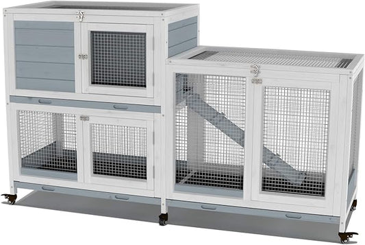 GDLF Two Floors 58" Wooden Indoor Bunny Hutch Rabbit Cage on Wheels Guinea Pig PET House for Small to Medium Animals Waterproof No Leak Tray-PawvioPets
