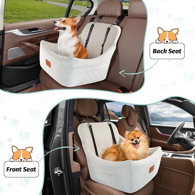 Dog Car Seat for Medium Dogs,Easy to Install with Adjustable Straps,Anti-Slip Bottom,Fully Detachable and Washable,Soft Fabric Fill in Memory Foam,Two Side Pockets(Beige,Medium)-PawvioPets