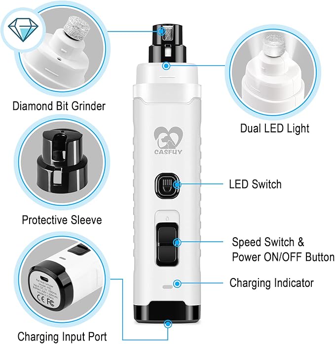 Casfuy Dog Nail Grinder with 2 LED Light for Large Medium Small Dogs - 3X More Powerful 2-Speed Electric Pet Nail Trimmer Rechargeable Quiet Painless Paws Grooming & Smoothing Tool (White)-PawvioPets