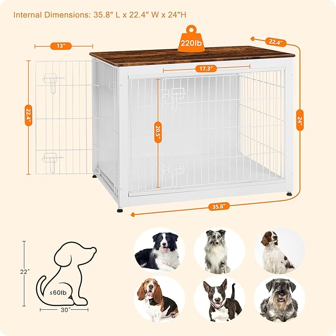 DWANTON Dog Crate Furniture with Cushion, Wooden Kennel Table with Double Doors, Indoor Dog House, Large Size, 38.5" L, White+Rustic Brown-PawvioPets
