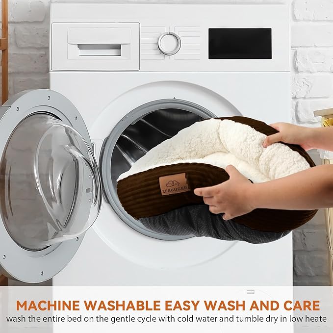 23in Round Cat Dog Bed for Large Medium Small Dogs Cats, Machine Washable Sleeping Sofa, Non-Slip Bottom Breathable Soft Calming Pet Cuddler for Indoor/Outdoor/Car/Cage, Brown-PawvioPets