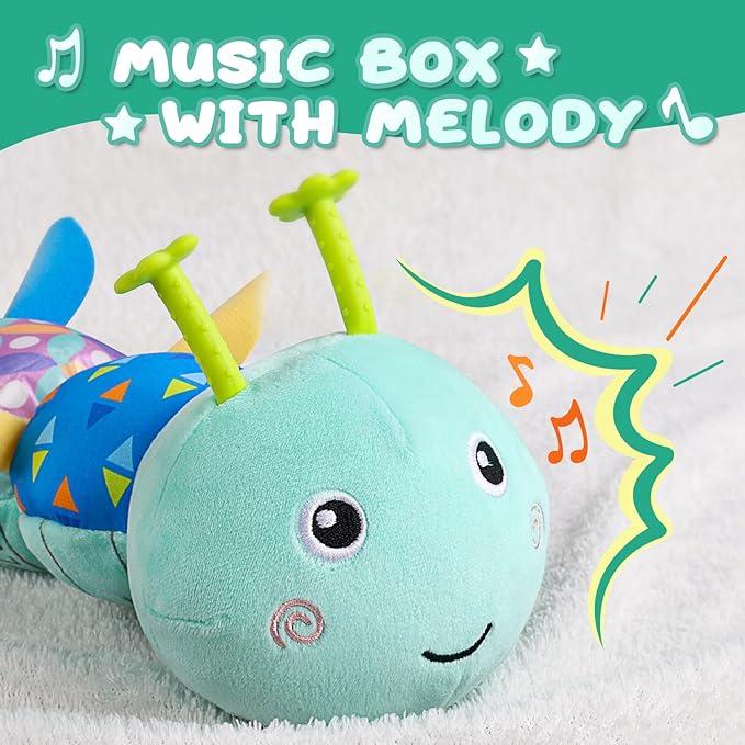 Baby Toys 0 to 12 Months, Musical Stuffed Animal Activity Soft Toy with Multi-Sensory Crinkle, Rattle and Textures, Infant Tummy Time Toys for Newborn Boys Girls, Caterpillar, Blue-PawvioPets