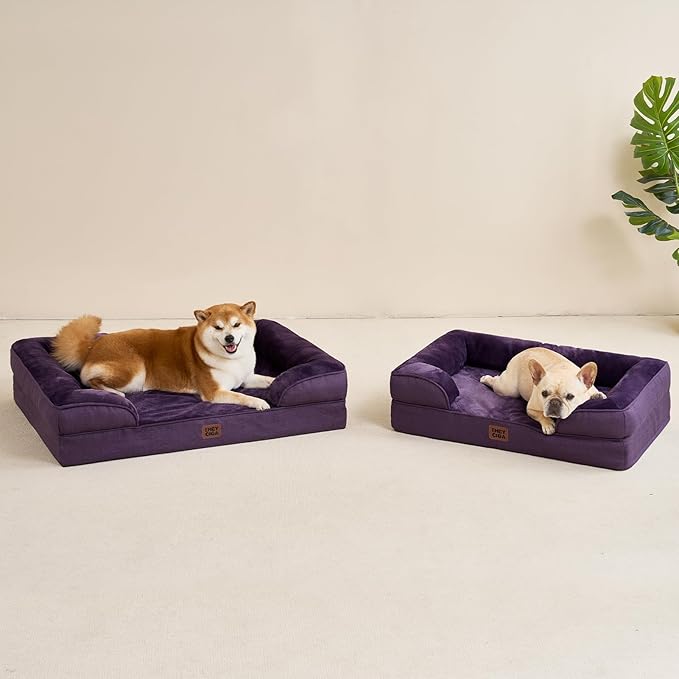 EHEYCIGA Orthopedic Dog Beds for Large Dogs, Waterproof Memory Foam Large Pet Bed with Sides, Non-Slip Bottom and Egg-Crate Foam Dog Couch Bed with Washable Removable Cover, Purple-PawvioPets