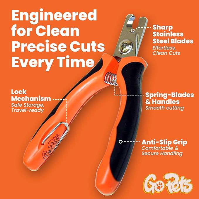 GoPets Nail Clipper for Small to Medium Pets, Quick Sensor Safety Guard, Heavy Duty Trimmer for Thick Nails, Stainless Steel Blades, Grooming Tool for Dogs & Cats, Non-Slip Handle, Built-in Nail File-PawvioPets