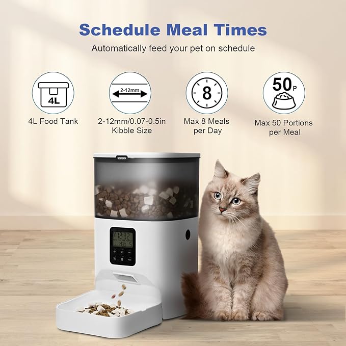 Automatic Cat Feeder, 4L Cat Food Dispenser with 10s Voice Recorder, Pet Feeder up to 8 Meals per Day, Timed Dog Feeder with Dry Food Sealed Ring (White, 4L-Basic)-PawvioPets