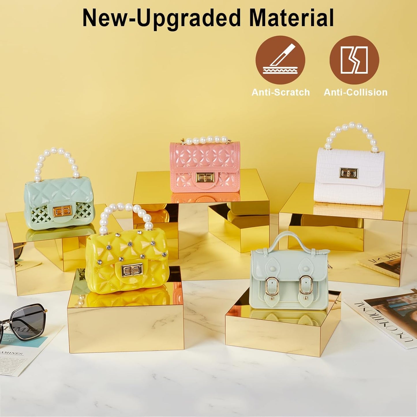 Acrylic Risers for Display 5 Pcs, Food Risers for Party Gold Cube Boxes Display Stands for Jewelry Bag Cosmetics Catering Dessert Collectibles