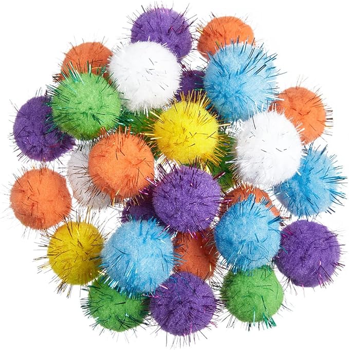 30Pcs 1.2inch/3cm Sparkle Balls for Cats - Interactive Toy Pom Pom Fuzzy Tinsel Cat Balls for Indoor Play (Mixed Colour)-PawvioPets