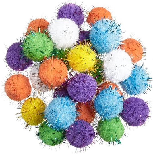 30Pcs 1.2inch/3cm Sparkle Balls for Cats - Interactive Toy Pom Pom Fuzzy Tinsel Cat Balls for Indoor Play (Mixed Colour)-PawvioPets