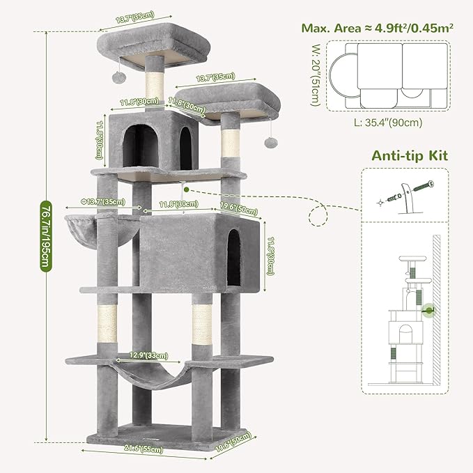Globlazer Cat Tree Tower, 76-Inch Extra Tall Multi-Level Cat Furniture with Cozy Condos, Hammock and Perches for Adult Cats, Perfect for Climbing, Scratching, and Play, F76, Light Grey-PawvioPets