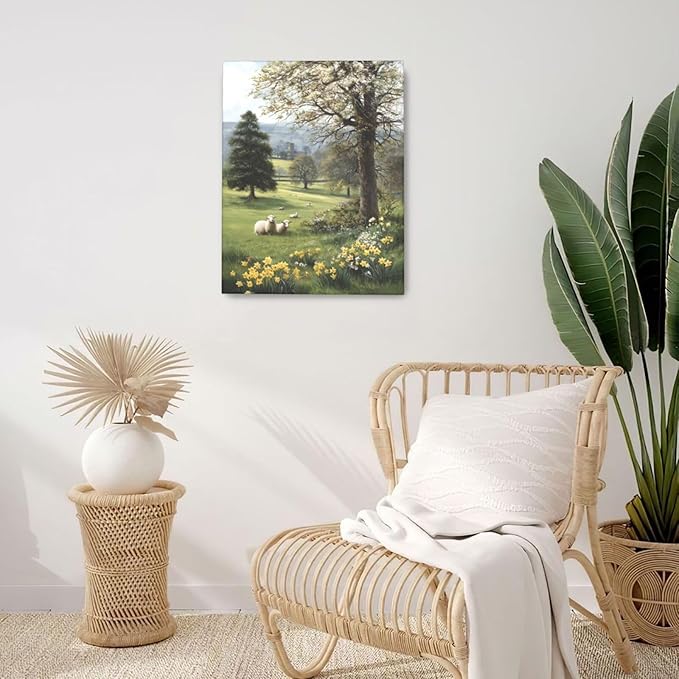 Country Sheep Canvas Wall Decor Farmhouse Rustic Lamb Wildflower Wall Art Nature Countryside Landscape Pictures Painting Print Framed Artwork Decorations for Bathroom Living Room Bedroom 16"x20"-PawvioPets