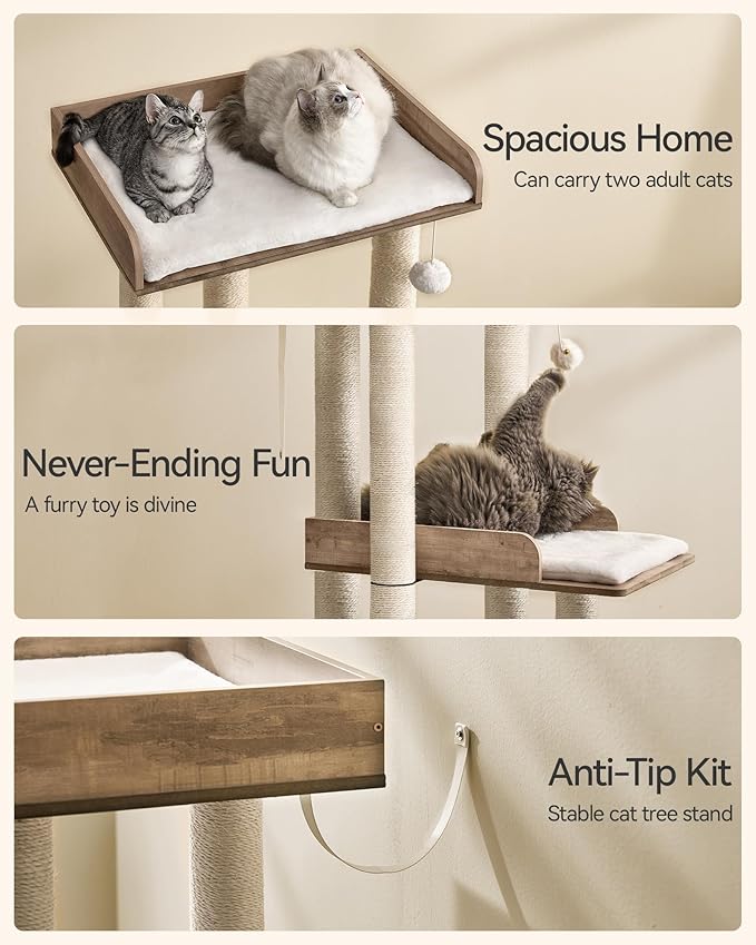 FourFurPets 43.7" Cat Tree, Modern Cat Tree Tower, Cat Tower for Indoor Cats Large Adult, Cat Condo with Scratching Post, Large Perch and Removable Pads, Greige-PawvioPets