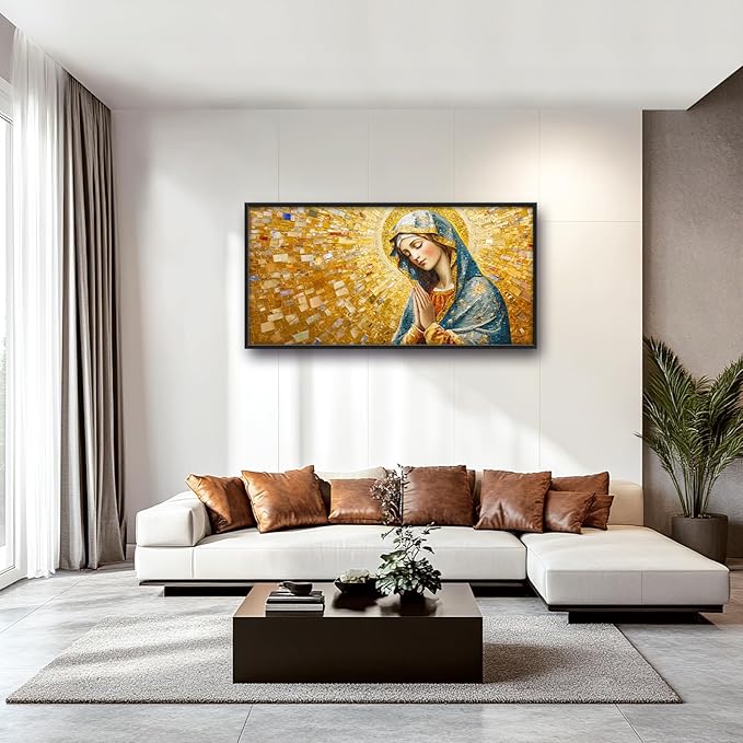 Extra Large Virgin Mary Framed Wall Art for Living Room,Oversized Golden Christian Religious Pictures Wall Decor,Canvas Print Painting Modern Artwork Bedroom Office Bathroom 60L" x 30W"-PawvioPets