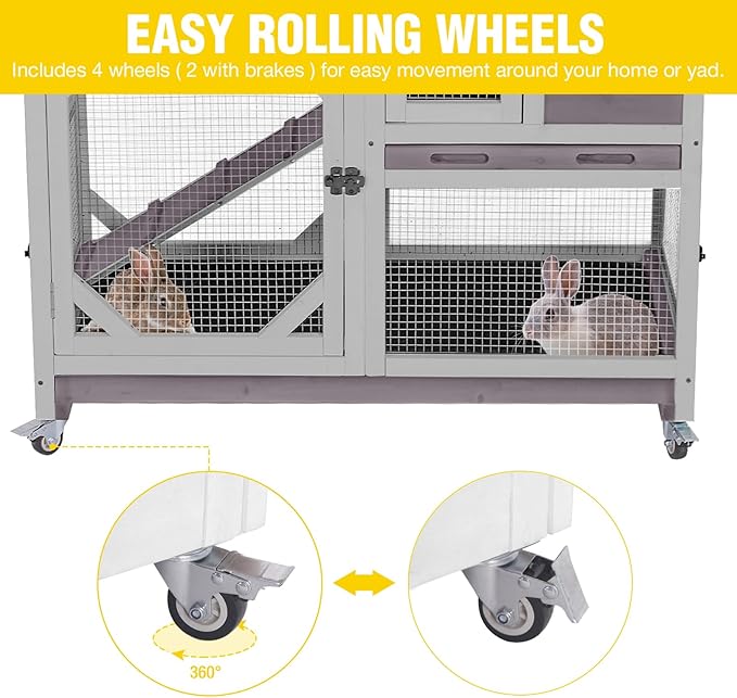Aivituvin Rabbit Cage Indoor Outdoor Bunny Hutch on Wheels, 2 Story Wood Guinea Pig Cages with 2 Deeper Pull Out Trays (Gray)-PawvioPets