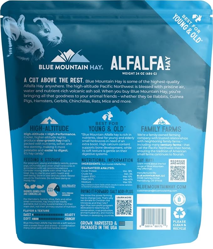 Blue Mountain Hay | Fresh Alfalfa Hay (24 Ounce) | High Leaf Retention | Nutritious High-Altitude Hay Pet Food for Rabbits, Guinea Pigs, Chinchillas, Hamsters, and Other Small Pets-PawvioPets