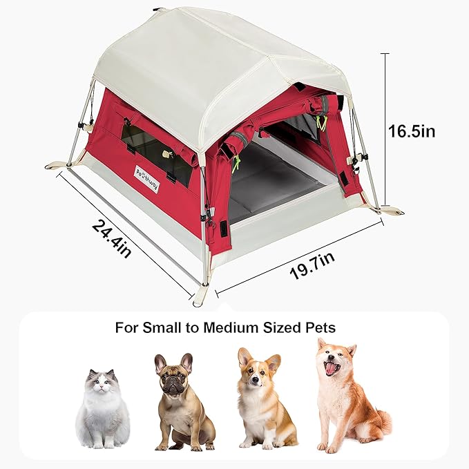 Dog Tent Cotton Fabric, Aluminum Poles and Camping Mat, Outdoor Weatherproof, Dog House Outdoor, Breathable with 2 Side Windows, Portable and Collapsible (Red, Small)-PawvioPets